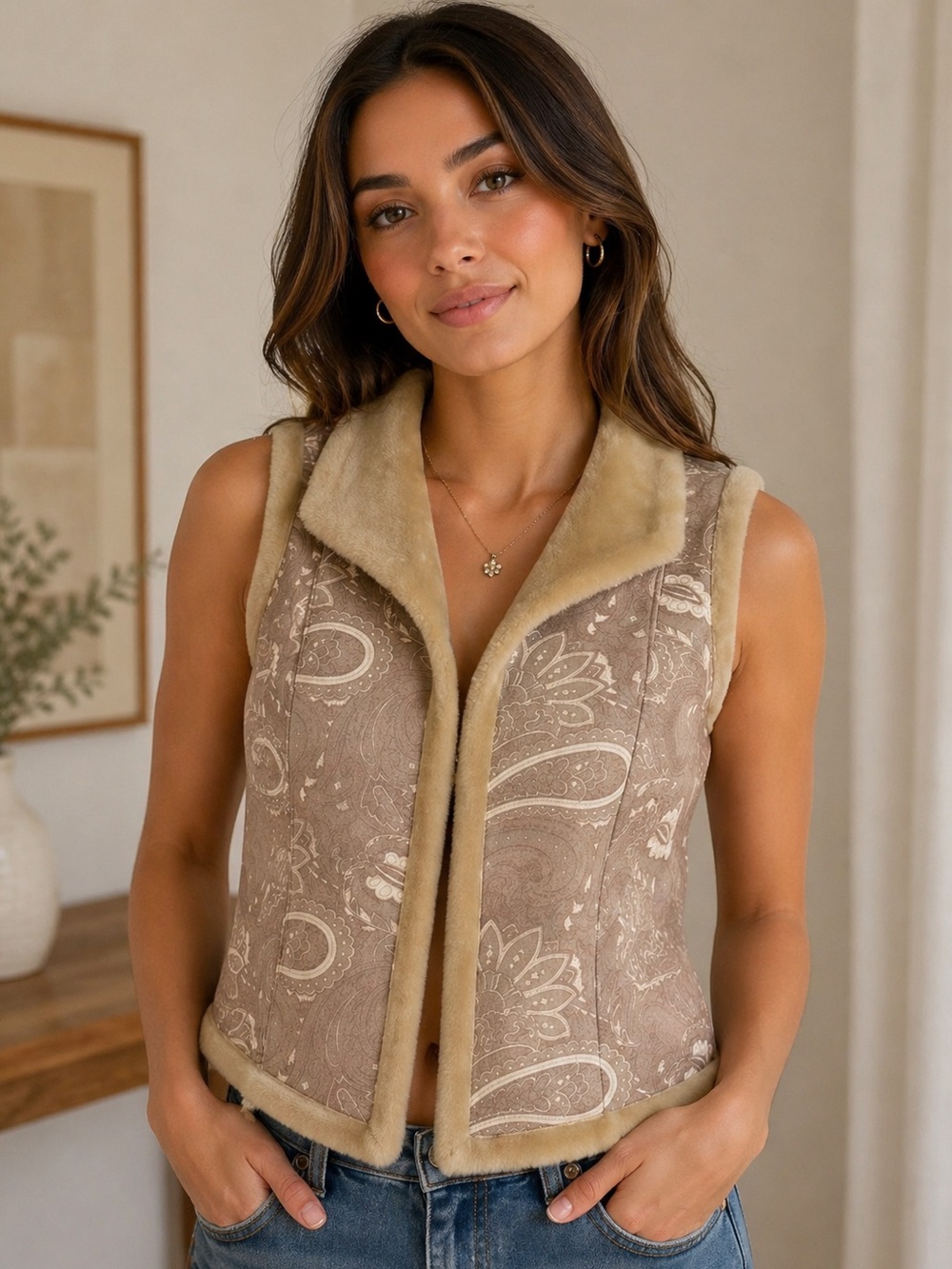 Coldwater Creek Faux Suede Paisley Shearling Trim Vest Size Large